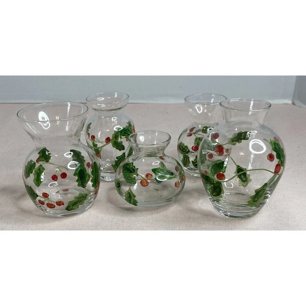 HAND PAINTED GLASS , CLEAR MINI VASES. 5 ITEMS IN THE SET.  VINES & BERRIES.